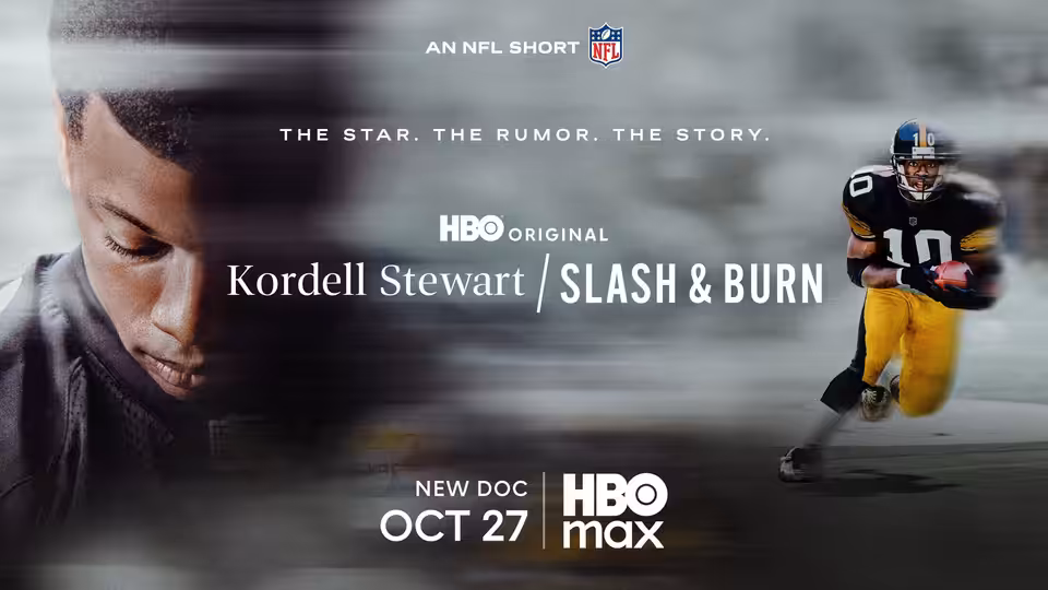 Kordell Stewart (Kordell Stewart) appears in close-up beside himself running with a football in Steelers uniform