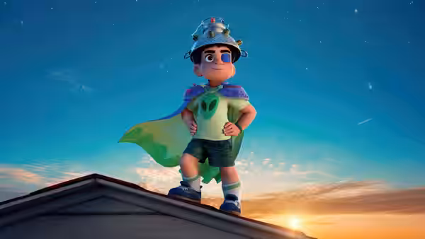 Elio (Yonas Kibreab) posing on a rooftop in cape and helmet at sunset