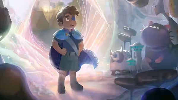 Elio (Yonas Kibreab) standing in a cave among small alien creatures