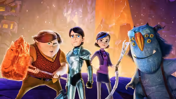 Toby, Jim, Claire and Blinky stand together in a crystal-lit cavern