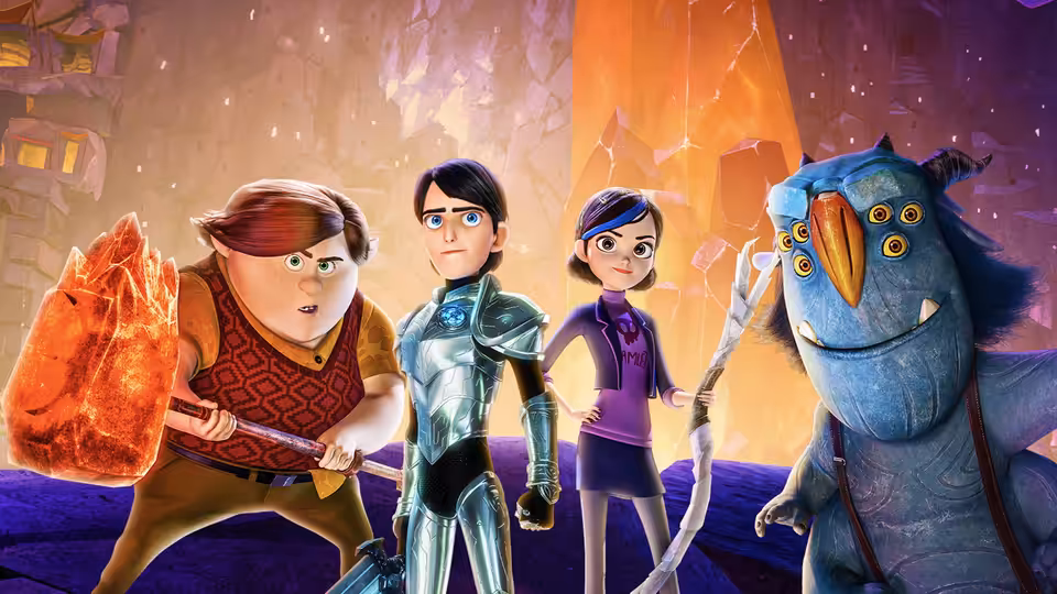 Toby, Jim, Claire and Blinky stand together in a crystal-lit cavern