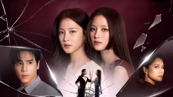 Two women look ahead above smaller figures facing each other, with portraits framed by shattered glass