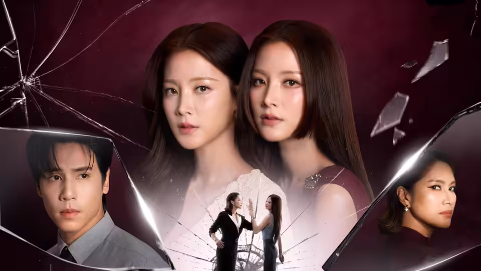 Two women look ahead above smaller figures facing each other, with portraits framed by shattered glass