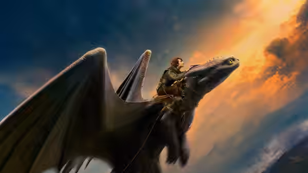 A rider on a dragon flies through orange and blue cloudy skies