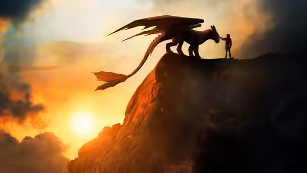 A dragon stands on a rocky cliff with a figure beside it at sunset