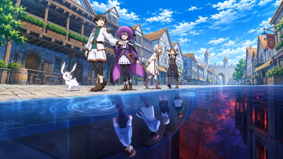 A group of young adventurers and a white rabbit stand above strange submerged reflections on a city street