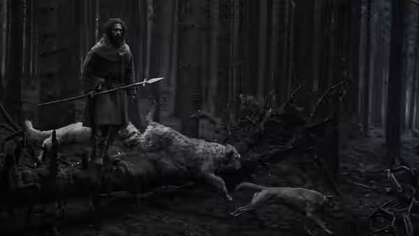 A cloaked man stands among fallen animals in a dark forest, holding a spear