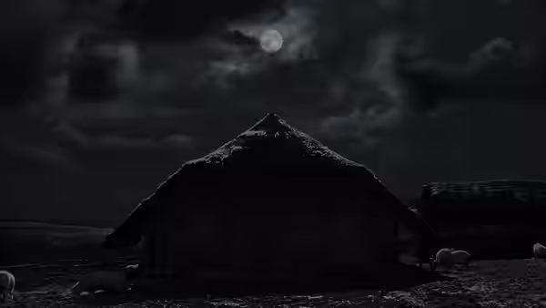 A thatched farmhouse and grazing sheep sit beneath a cloudy full moon