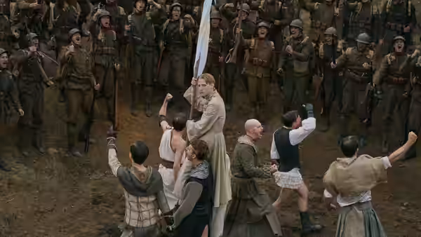 A woman stands among civilians facing a gathered line of uniformed soldiers