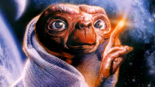 an alien with a glowing fingertip against a backdrop of stars and planets