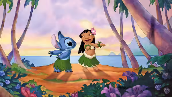 Lilo and Stitch dance in grass skirts on a tropical beach