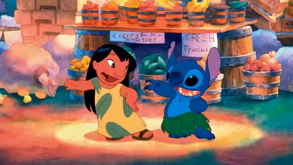 Lilo and Stitch dance together at a bustling outdoor produce market