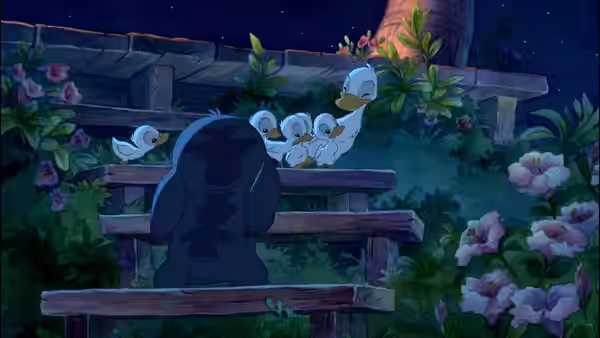 Stitch watches a group of ducklings gathered on a garden bench