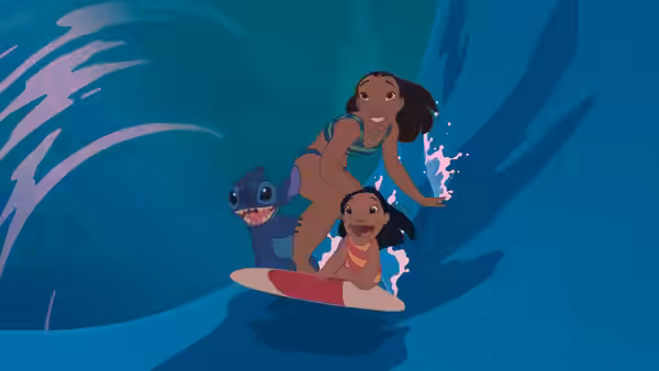Nani, Lilo, and Stitch ride a surfboard across a curling wave