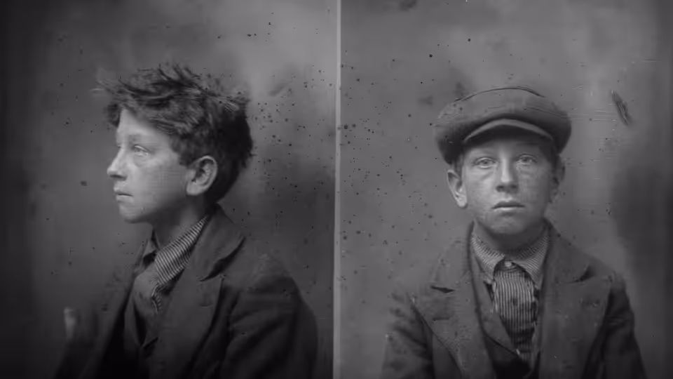 Two young men in separate mugshot portraits, one turned sideways and one facing forward
