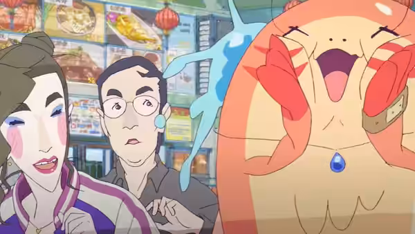 A delighted sea creature poses beside two onlookers in a brightly stocked shop
