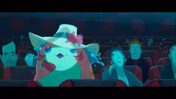 A large sea creature in a flowered hat sits among human spectators in an auditorium