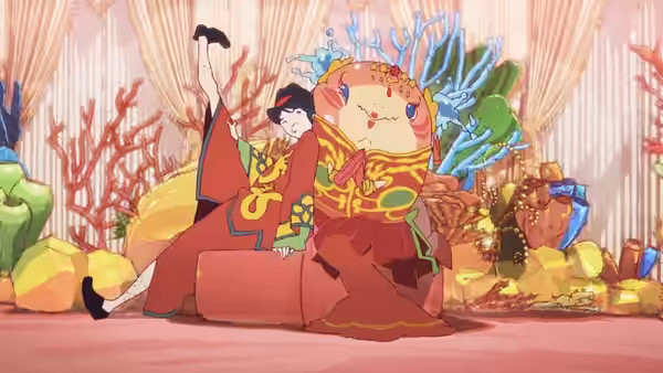 A man and woman in ornate robes sit among coral decorations and sea creatures