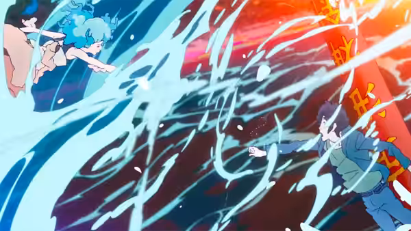 A blue-haired figure and a robed man face off amid sweeping streams of water