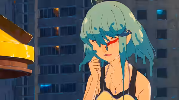 A young woman with long aqua hair stands beside a glowing sign at night