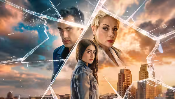 Three people appear behind shattered glass, with a city skyline and dramatic skies in the background