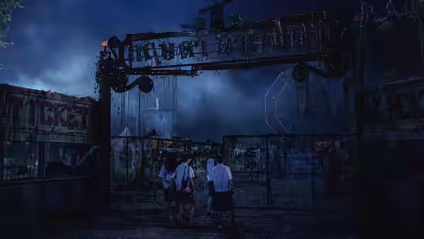 Three students stand before a closed gate beneath a weathered sign at night