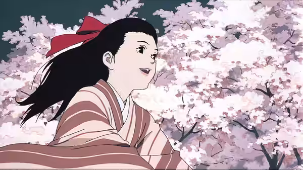 smiling woman with red bow and striped kimono under cherry blossom trees
