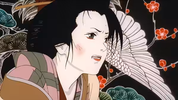 close-up of woman with black hair looking concerned in patterned kimono