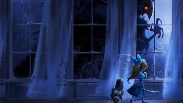 Clara and a small creature face a looming shadow beyond a frost-covered window
