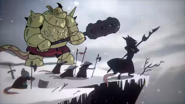 A hulking armored creature raises a spiked club against armed figures on a snowy ledge