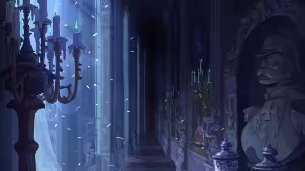 An empty, statue-lined corridor stretches beside tall windows and ornate candelabras
