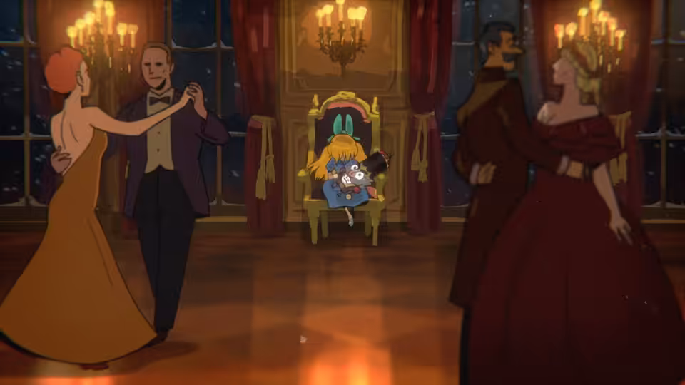 Dancers circle a throne where a small girl and tiny creature sit