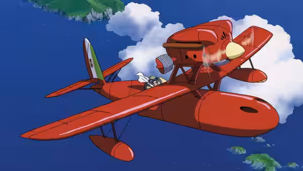 Porco Rosso firing from his red seaplane over open blue water