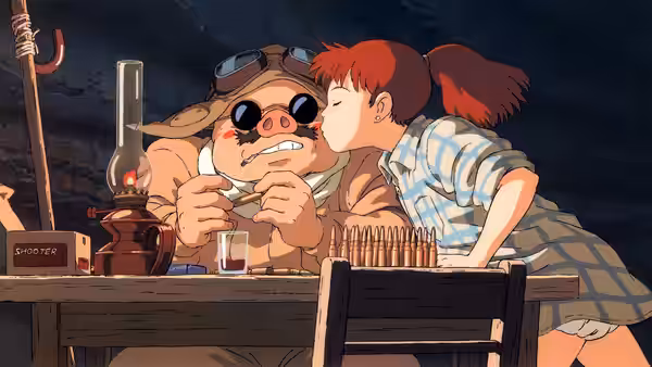 Fio Piccolo kissing Porco Rosso on the cheek at a bullet-strewn table