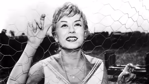 Cabiria (Giulietta Masina) smiles and grips a wire fence