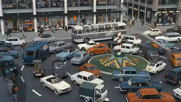 Cars and a bus crowd a city roundabout between tall buildings