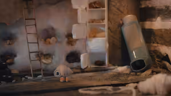 Marcel lying on the floor inside a miniature cluttered room