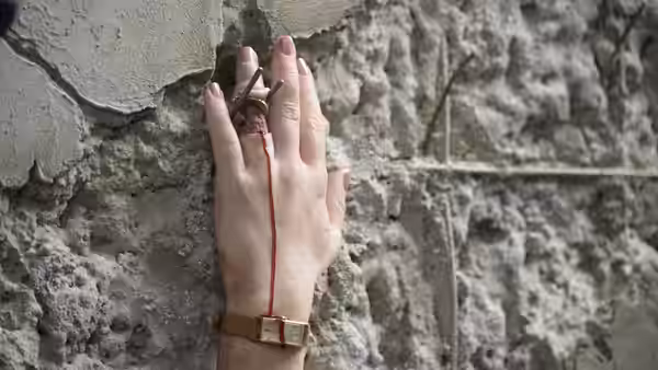 a hand pressed against a concrete wall with a nail through the finger