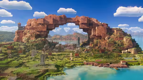 a vast landscape of blocky terrain with a massive red stone arch under blue skies