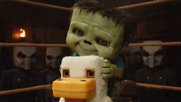 a green blocky creature hugging a chicken in a boxing ring surrounded by masked figures
