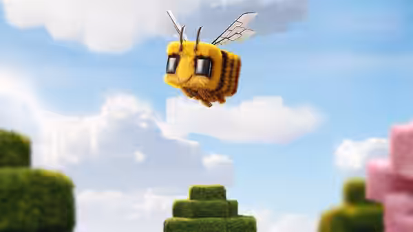 a pixelated yellow bee hovering in the sky above green Minecraft-style blocks