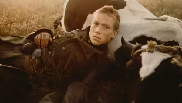Flyora (Aleksei Kravchenko) lying beside a dead cow in a field