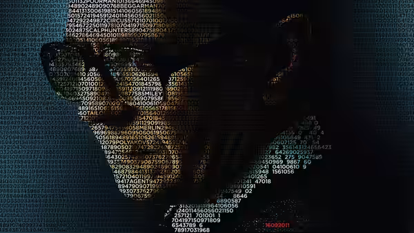 Close view of a face covered with projected lines of text and numbers
