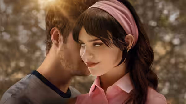 Iris (Sophie Thatcher) smiling as Josh (Jack Quaid) kisses her cheek outdoors