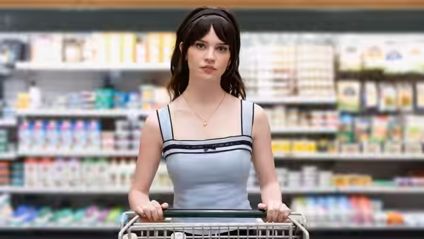 Iris (Sophie Thatcher) pushing a shopping cart in a supermarket aisle