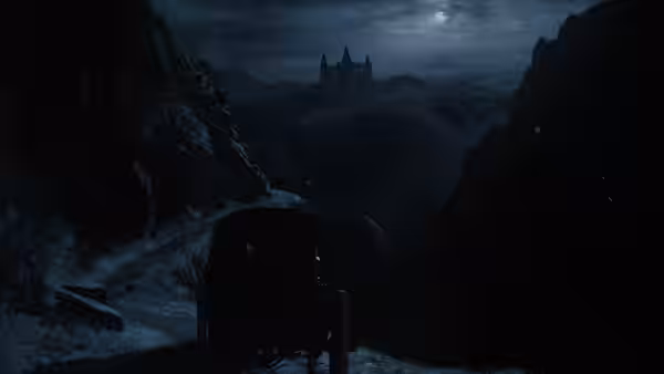 A carriage traveling toward a castle on a snowy mountain path at night