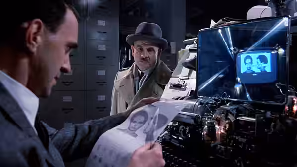 Sam Lowry (Jonathan Pryce) examines a document near machinery as Harry Tuttle (Robert De Niro) watches