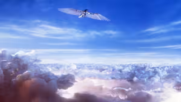 Winged figure soaring above dense white clouds under clear blue sky