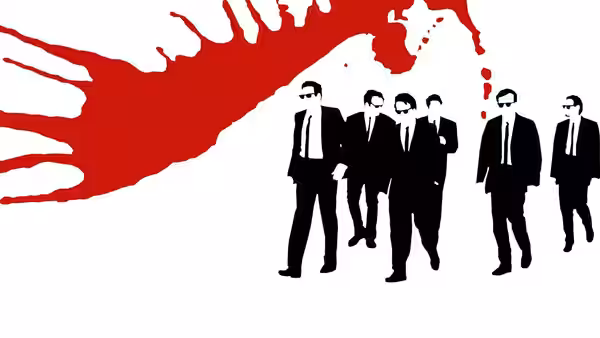 Black silhouettes of men in suits beneath a red blood splatter