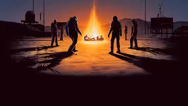 group of men in heavy coats standing around a large bonfire on snow